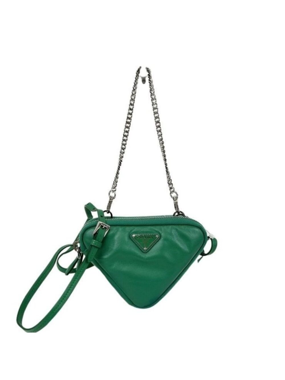 Prada Shoulder Bag Triangle Mini Green Leather Chain Silver